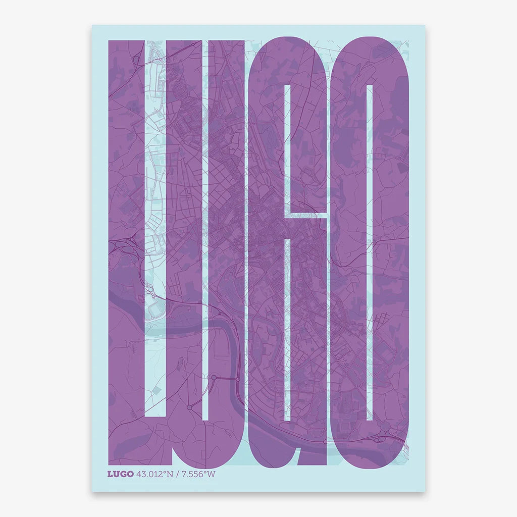 Decorative map of Lugo and letters of its name in a giclée print designed in purple and light blue