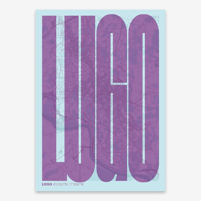 The map of Lugo and letters of its name in a giclée print designed in purple and light blue
