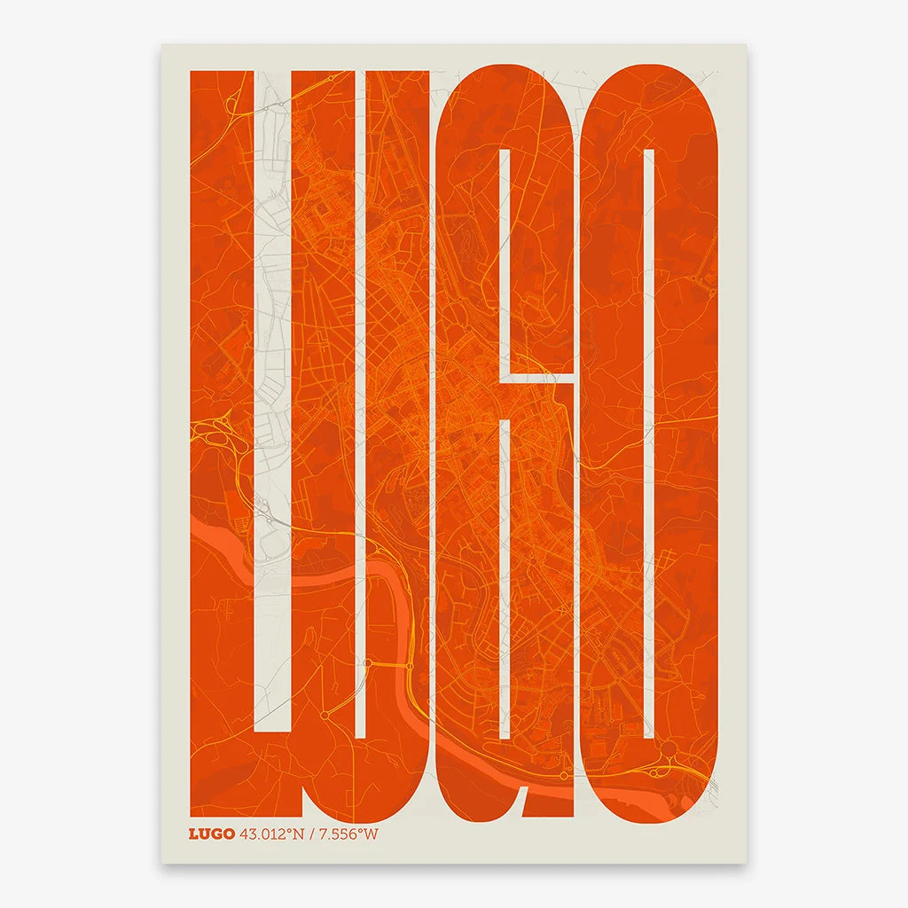 Decorative map of Lugo and letters of its name in a giclée print designed in orange and an off-white background