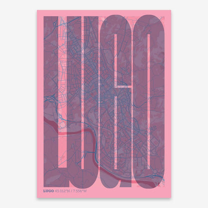 The map of Lugo and letters of its name in a giclée print designed in violet y pink background