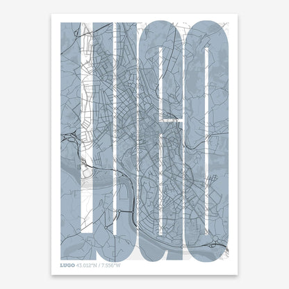 The map of Lugo and letters of its name in a giclée print designed in black and white