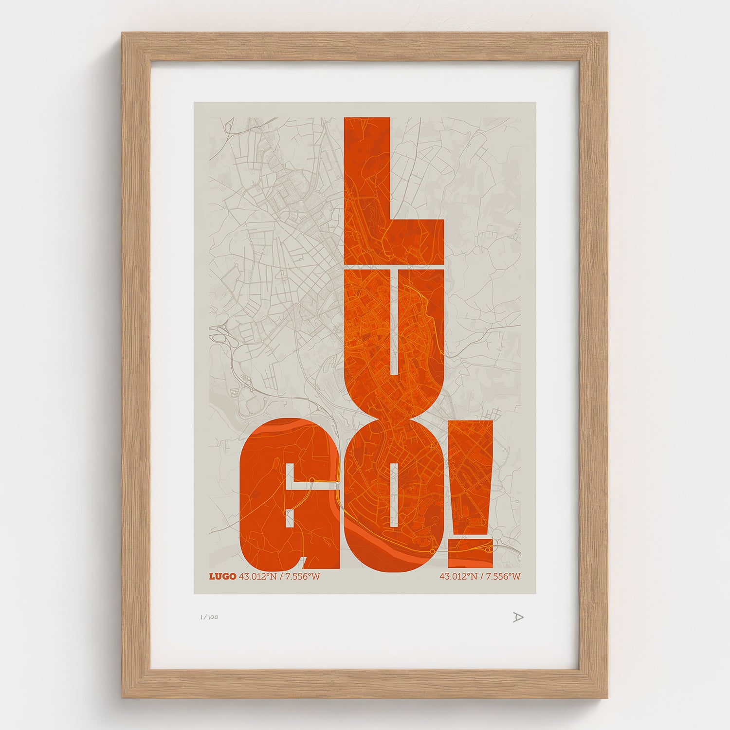 Lámina tipográfica de Lugo – diseño Revoltosa, marco de madera natural