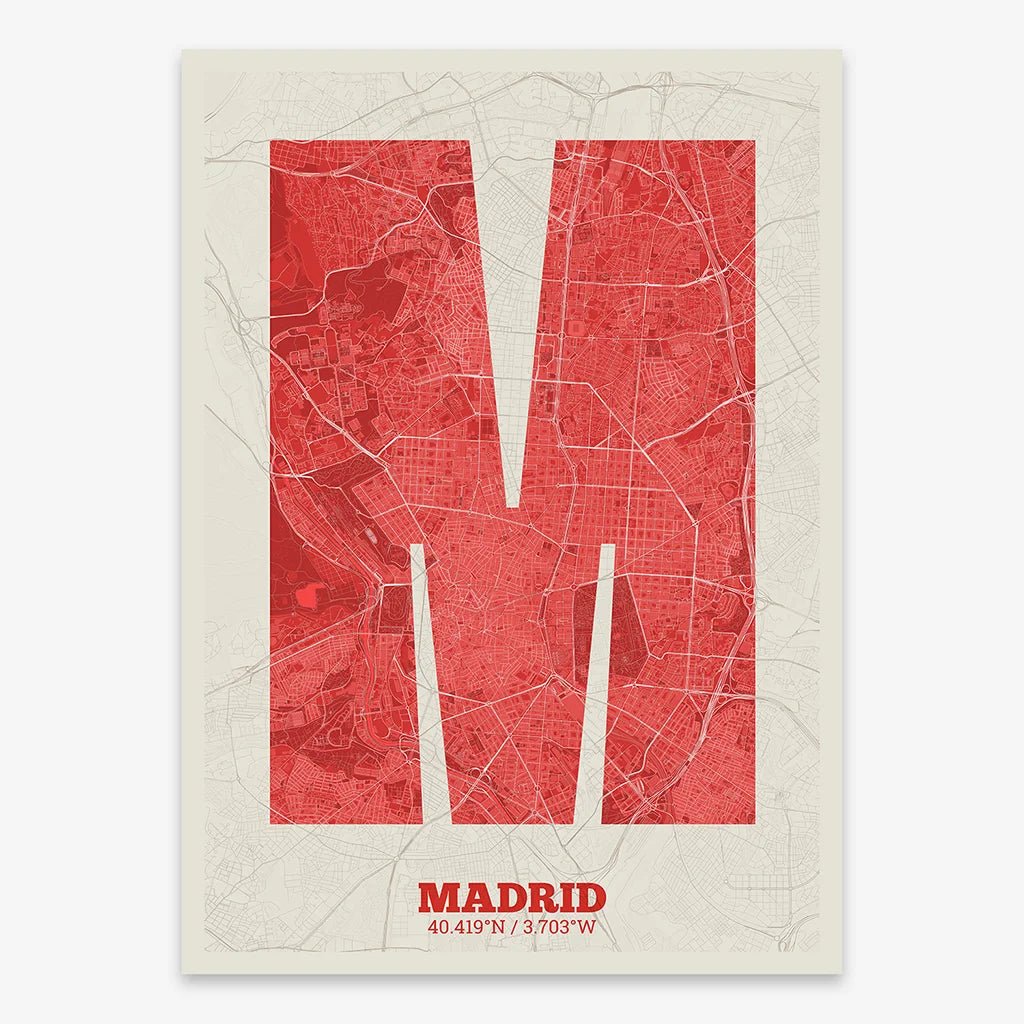 Decorative print of Madrid composed with letters in a heavy geometric font printed on red and an off-white background