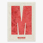 Decorative print of Madrid composed with letters in a heavy geometric font printed on red and an off-white background
