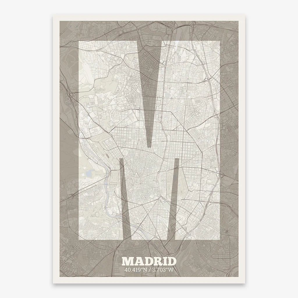 Decorative print of Madrid composed with letters in a heavy geometric font printed on light brown and an off-white background