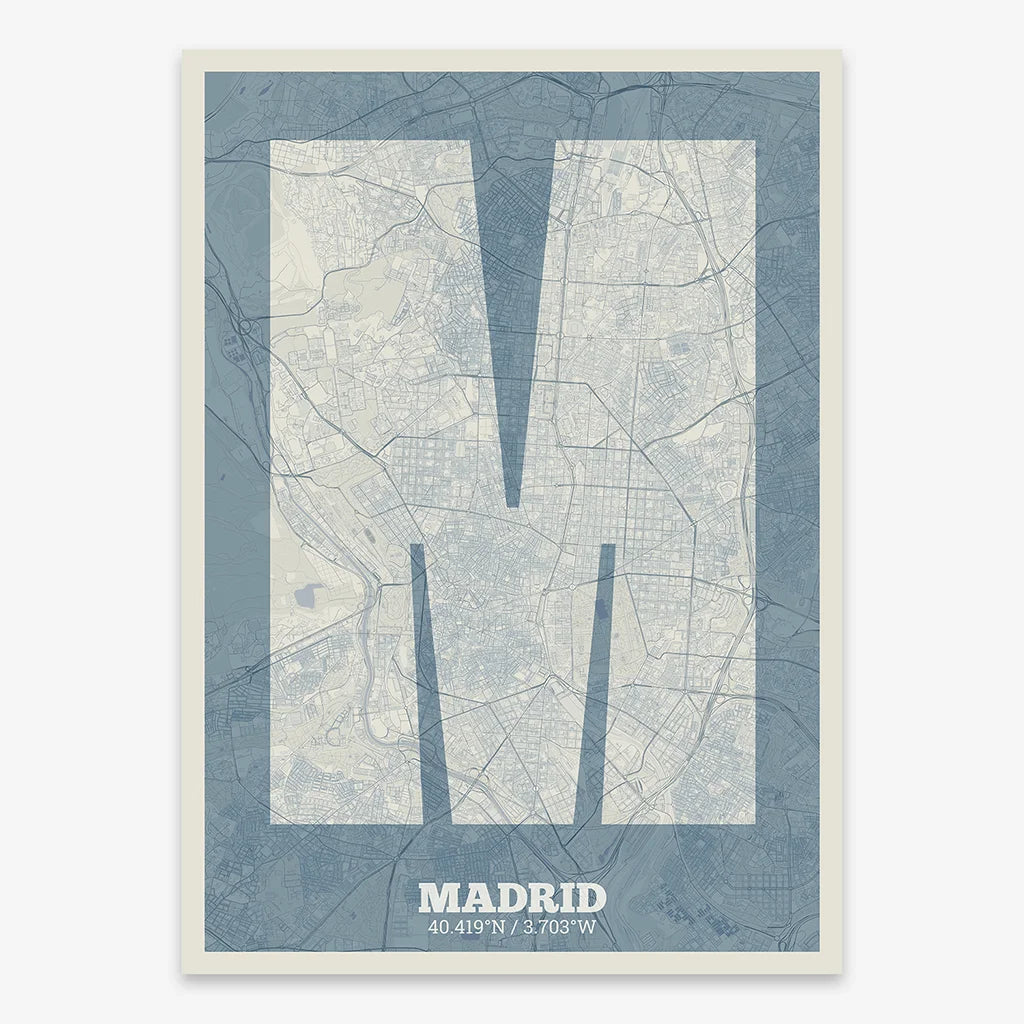 Decorative print of Madrid composed with letters in a heavy geometric font printed on bluish gray and an off-white background