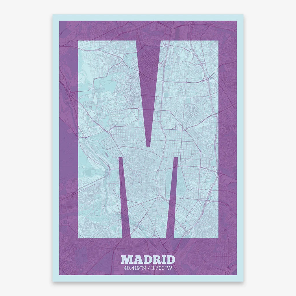Decorative print of Madrid composed with letters in a heavy geometric font printed on purple and light blue