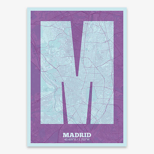 Decorative print of Madrid composed with letters in a heavy geometric font printed on purple and light blue