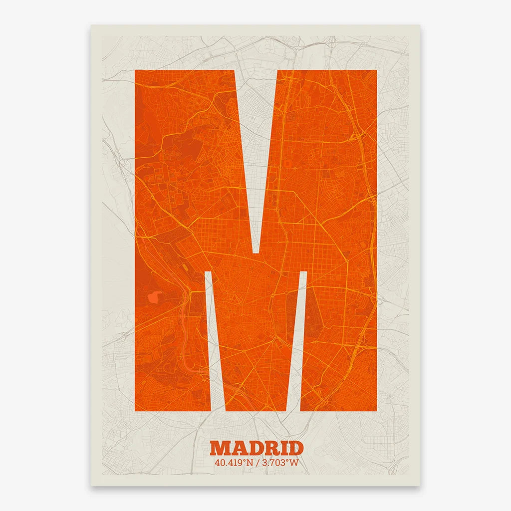 Decorative print of Madrid composed with letters in a heavy geometric font printed on orange and an off-white background