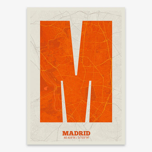 Mapa de Madrid en mi diseño la Súper Bold, un póster tipográfico donde el mapa de la ciudad se fusiona con una tipografía extra gruesa para un impacto visual moderno diseñado en naranja y fondo blanco roto