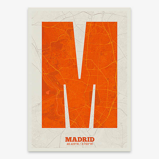 Decorative print of Madrid composed with letters in a heavy geometric font printed on orange and an off-white background