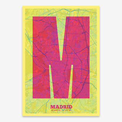 The map of Madrid composed with letters in a heavy geometric font printed on yellow and fuchsia