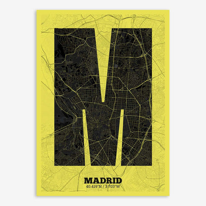 The map of Madrid composed with letters in a heavy geometric font printed on black and yellow