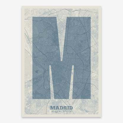 The map of Madrid composed with letters in a heavy geometric font printed on bluish gray and an off-white background