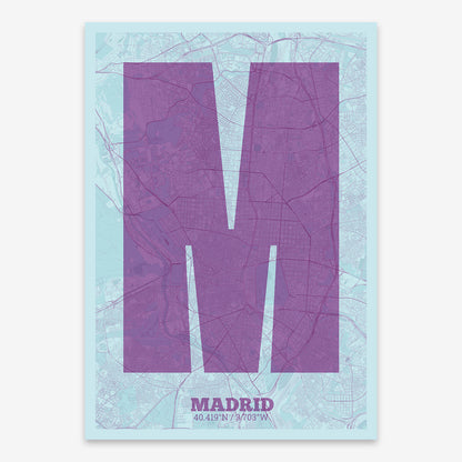 The map of Madrid composed with letters in a heavy geometric font printed on purple and light blue
