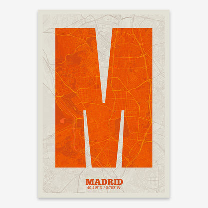 The map of Madrid composed with letters in a heavy geometric font printed on orange and an off-white background
