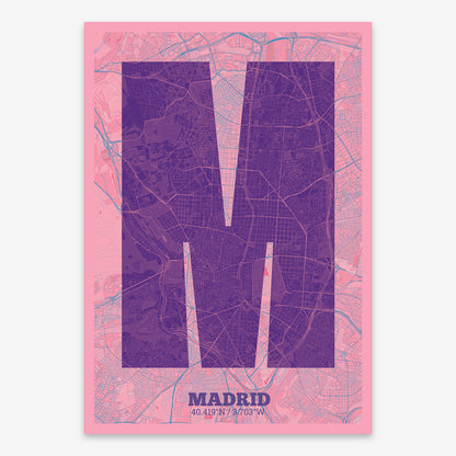 The map of Madrid composed with letters in a heavy geometric font printed on violet y pink background