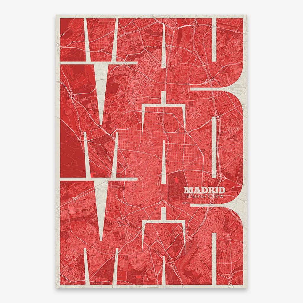 Poster of Madrid composed with letters from its abbreviation or its airport IATA code printed on red and an off-white background