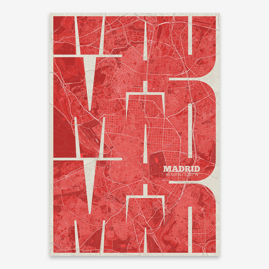 The map of Madrid composed with letters from its name or IATA code printed on red and an off-white background
