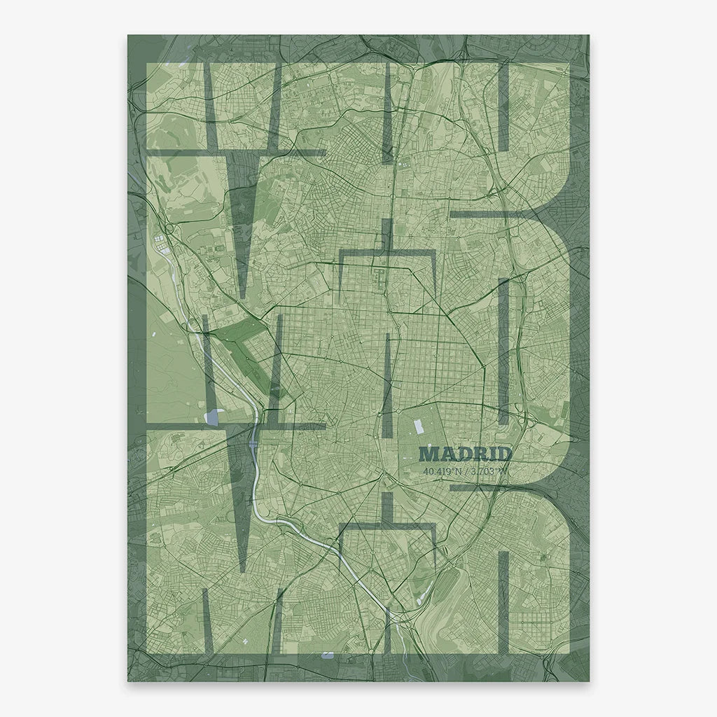 Poster of Madrid composed with letters from its abbreviation or its airport IATA code printed on two green tones