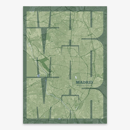 Mapa de Madrid en mi diseño la Inseparable, una visión artística con una tipografía expresiva que muestra la abreviatura del nombre sobre el mapa detallado diseñado en dos tonos de verde