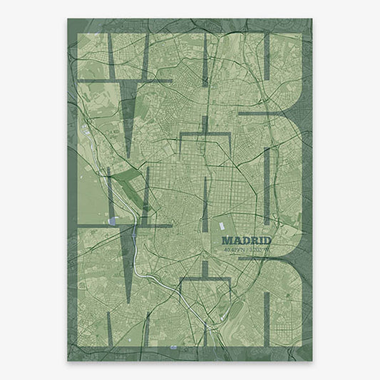 Poster of Madrid composed with letters from its abbreviation or its airport IATA code printed on two green tones