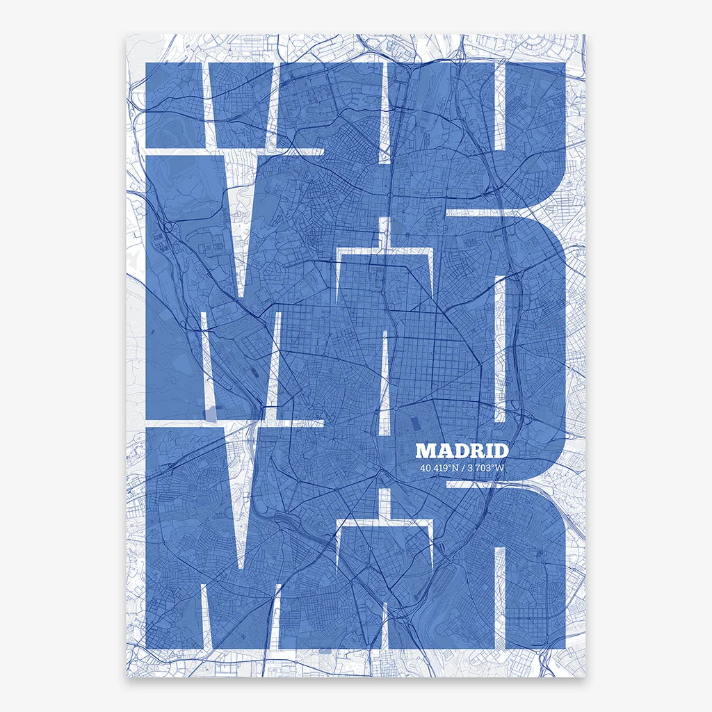 Poster of Madrid composed with letters from its abbreviation or its airport IATA code printed on navy blue and white