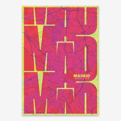 The map of Madrid composed with letters from its name or IATA code printed on yellow and fuchsia