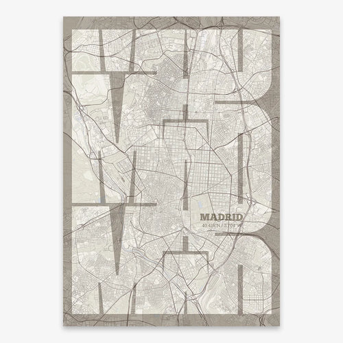 Mapa de Madrid en mi diseño la Inseparable, una visión artística con una tipografía expresiva que muestra la abreviatura del nombre sobre el mapa detallado diseñado en marrón claro y fondo blanco roto