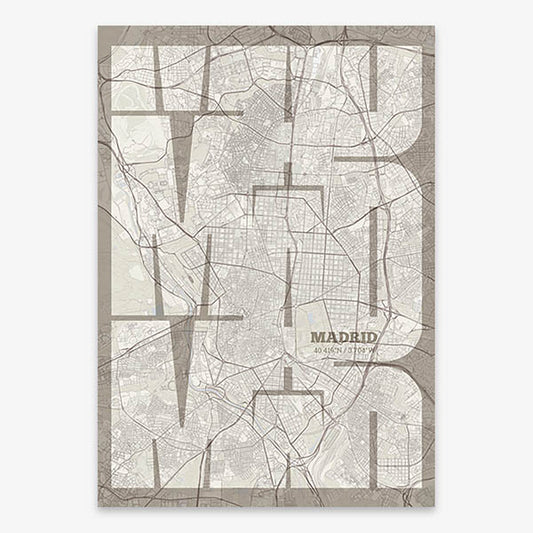 Poster of Madrid composed with letters from its abbreviation or its airport IATA code printed on light brown and an off-white background
