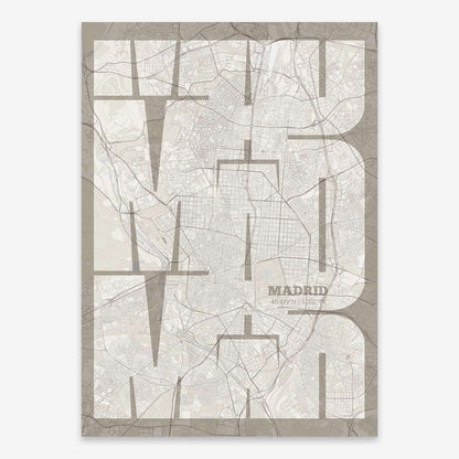 The map of Madrid composed with letters from its name or IATA code printed on light brown and an off-white background
