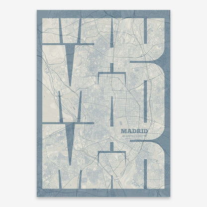 The map of Madrid composed with letters from its name or IATA code printed on bluish gray and an off-white background