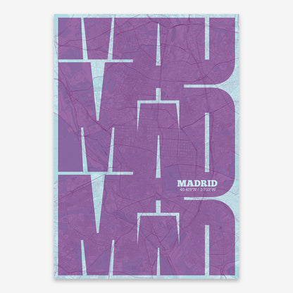 The map of Madrid composed with letters from its name or IATA code printed on purple and light blue