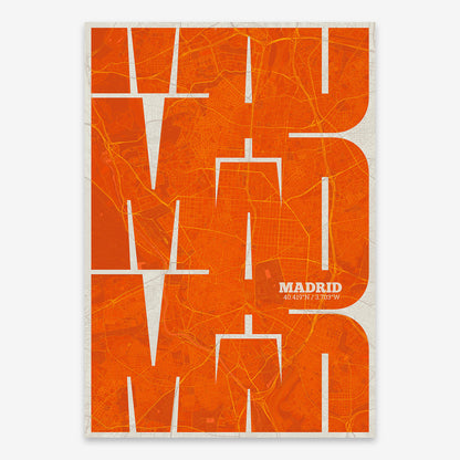 The map of Madrid composed with letters from its name or IATA code printed on orange and an off-white background