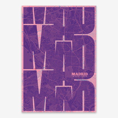 The map of Madrid composed with letters from its name or IATA code printed on violet y pink background