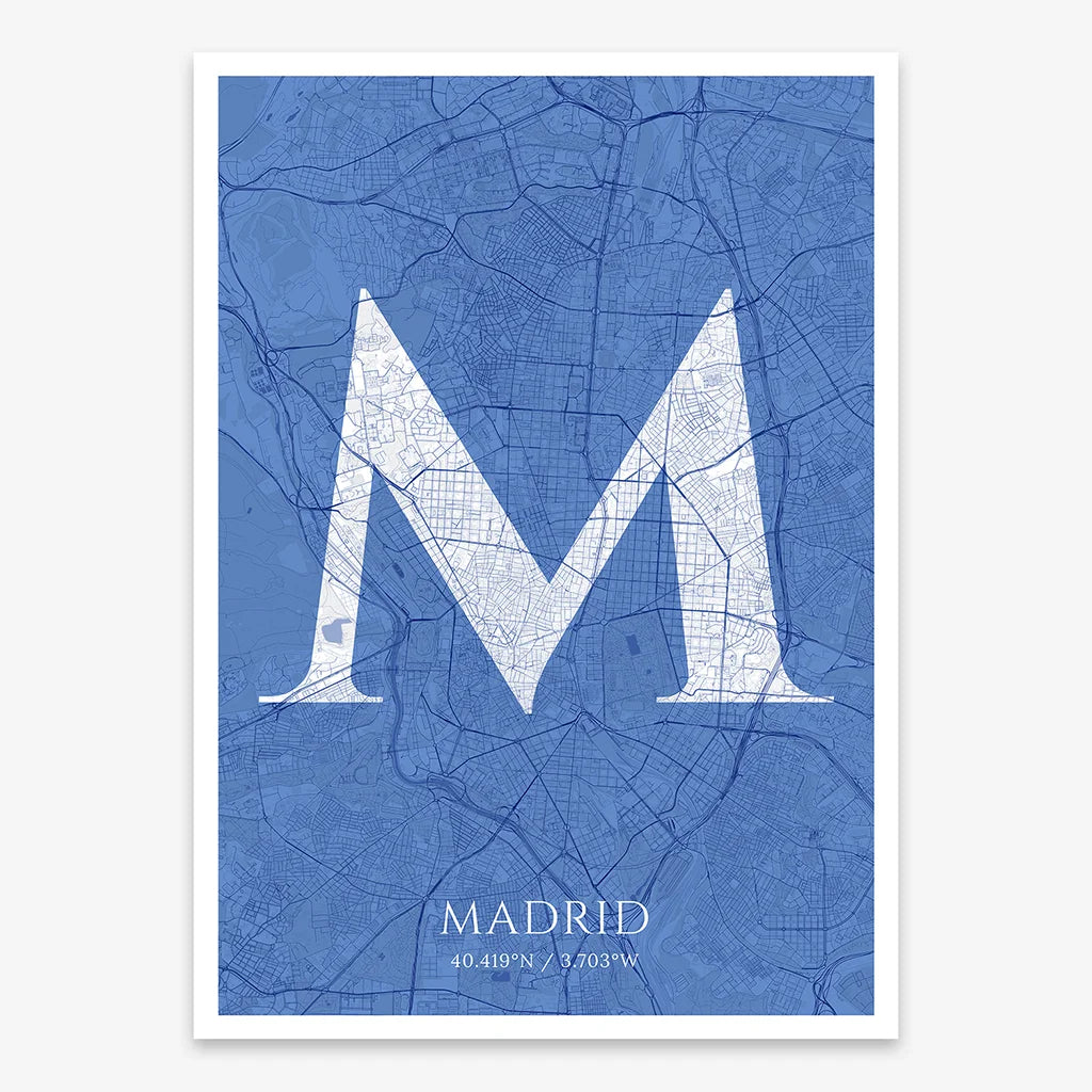 Decorative map of Madrid composed with letters in serif font printed on navy blue and white