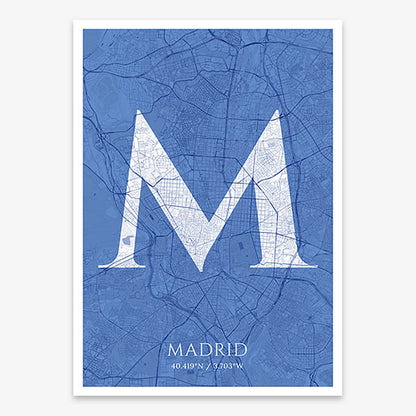 Decorative map of Madrid composed with letters in serif font printed on navy blue and white