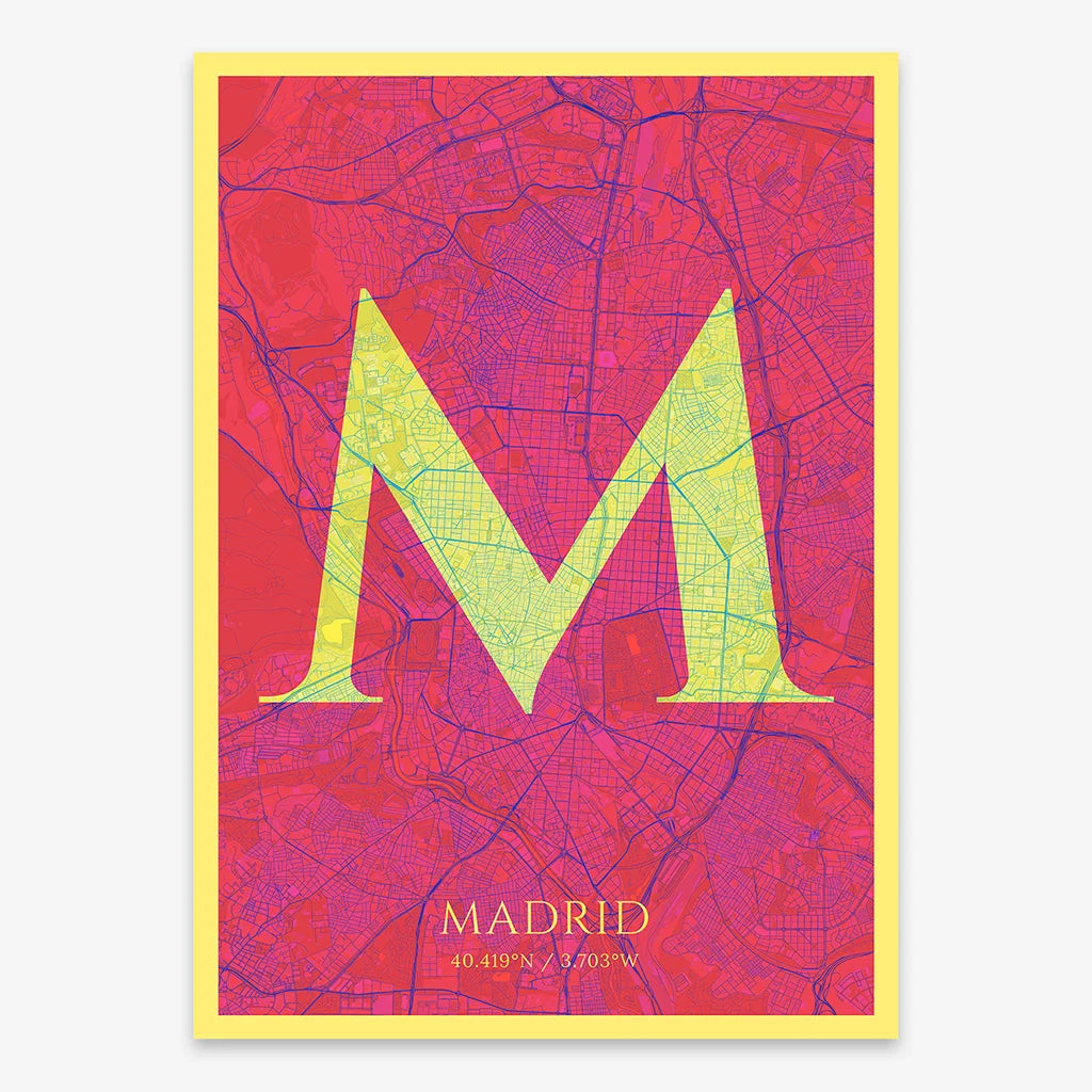 Decorative map of Madrid composed with letters in serif font printed on yellow and fuchsia