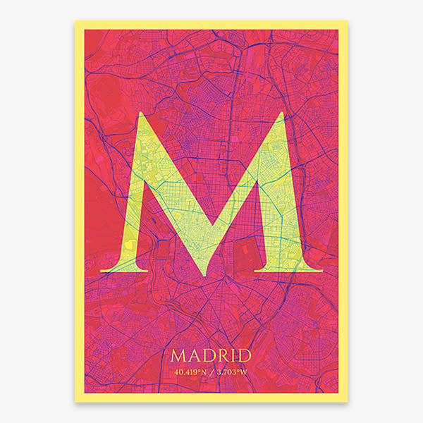 Decorative map of Madrid composed with letters in serif font printed on yellow and fuchsia