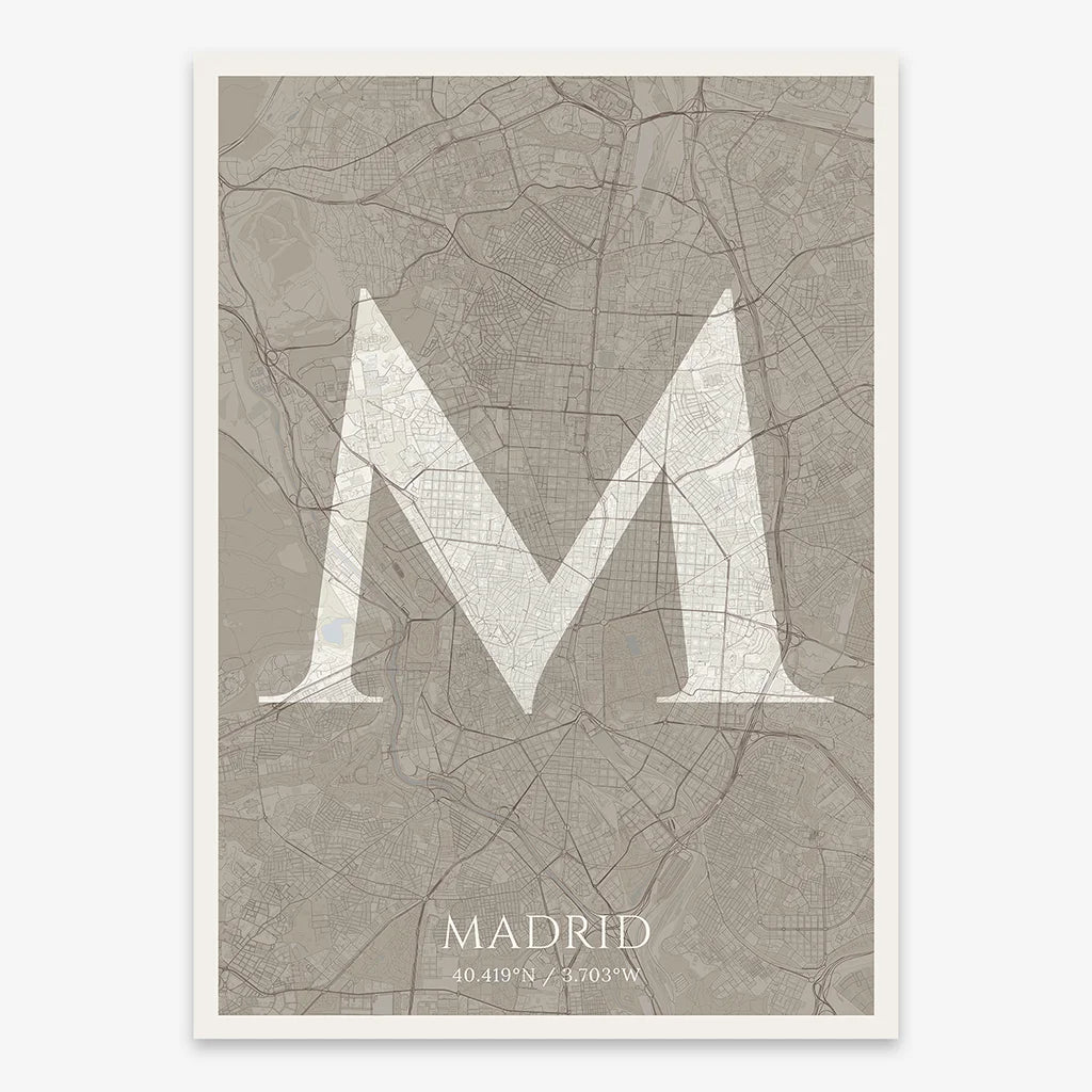 Decorative map of Madrid composed with letters in serif font printed on light brown and an off-white background