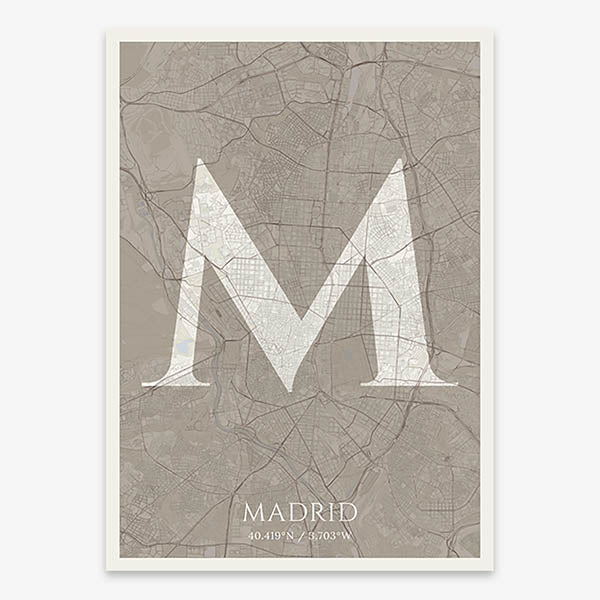 Decorative map of Madrid composed with letters in serif font printed on light brown and an off-white background