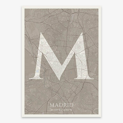 Decorative map of Madrid composed with letters in serif font printed on light brown and an off-white background
