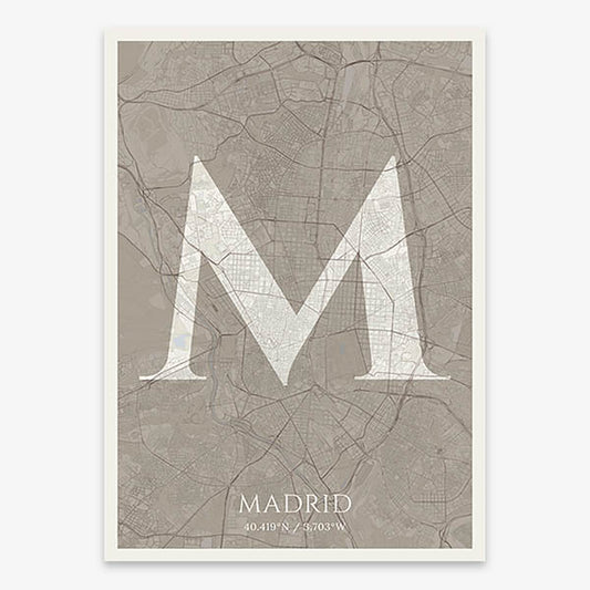 Decorative map of Madrid composed with letters in serif font printed on light brown and an off-white background