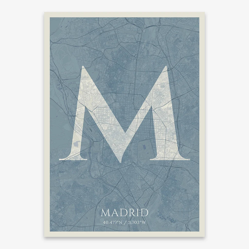 Decorative map of Madrid composed with letters in serif font printed on bluish gray and an off-white background