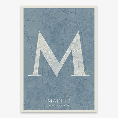 Decorative map of Madrid composed with letters in serif font printed on bluish gray and an off-white background