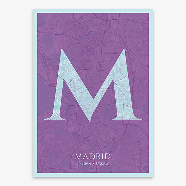 Decorative map of Madrid composed with letters in serif font printed on purple and light blue