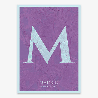 Decorative map of Madrid composed with letters in serif font printed on purple and light blue