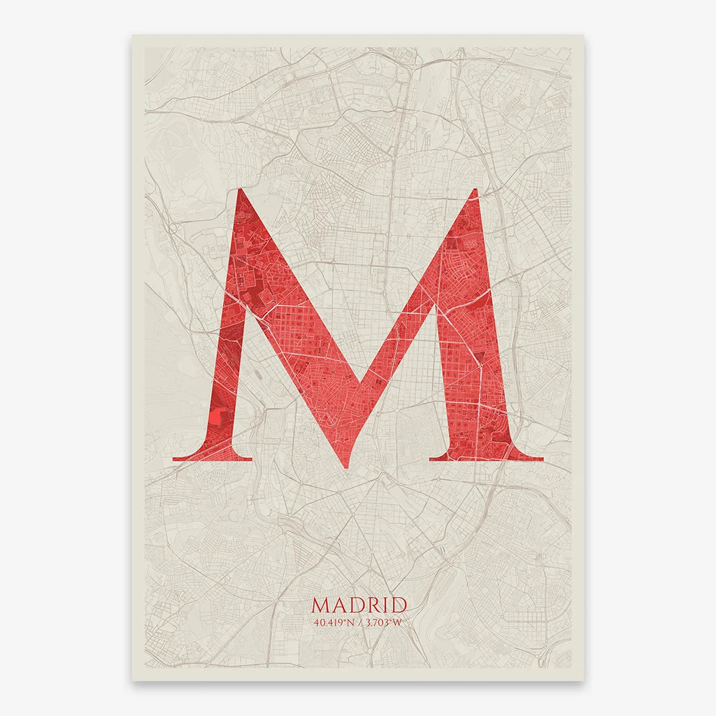 Decorative map of Madrid composed with letters in serif font printed on red and an off-white background