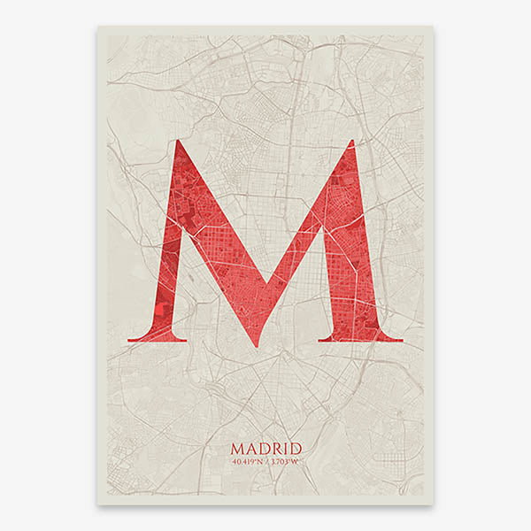 Decorative map of Madrid composed with letters in serif font printed on red and an off-white background