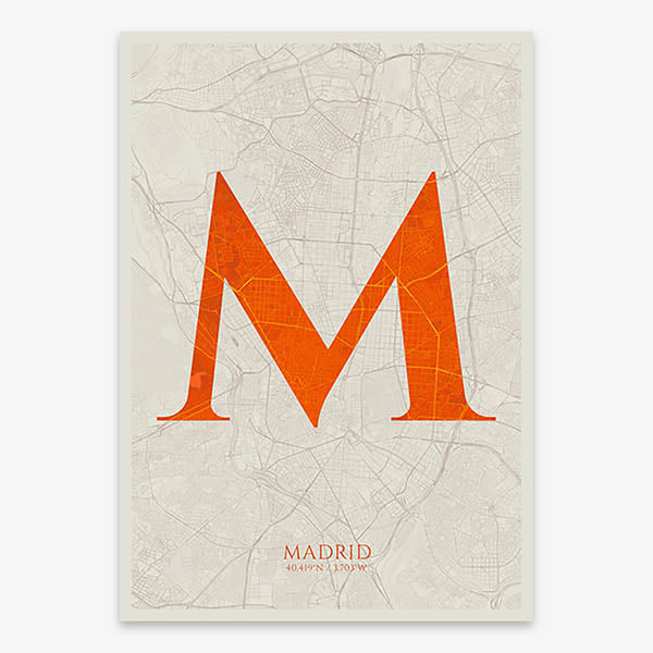 Decorative map of Madrid composed with letters in serif font printed on orange and an off-white background